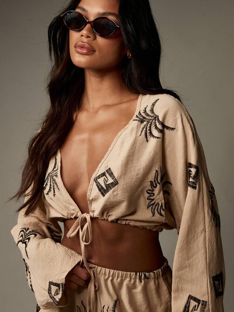 SHEIN BEŻOWY TOP WIĄZANIE S06__L