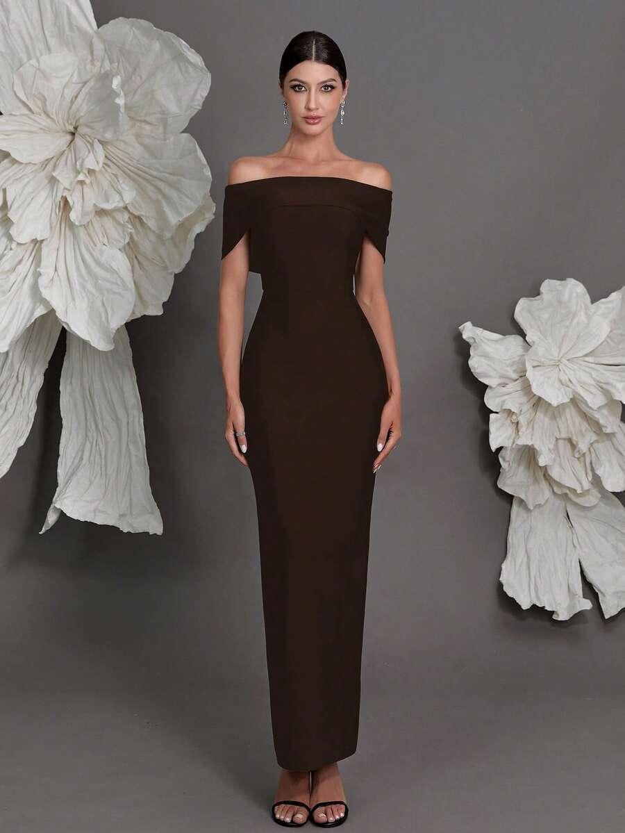 SHEIN BRĄZOWA MAXI SUKIENKA S06__S