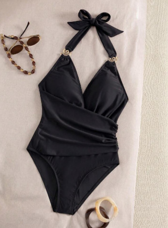 SHEIN CZARNY JEDNOCZĘŚCIOWY STRÓJ KĄPIELOWY PK01__L