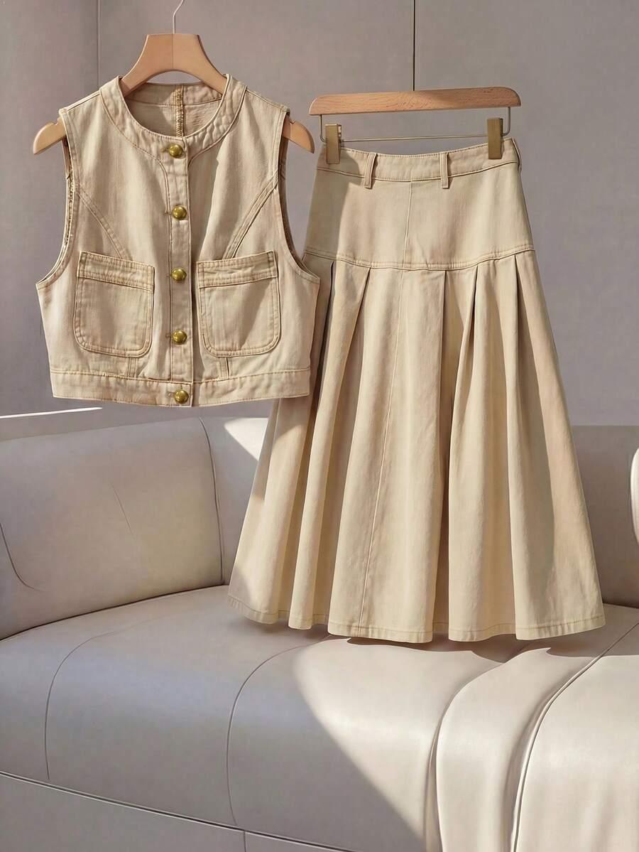 SHEIN JEANSOWY KOMPLET KAMIZELKA SPÓDNICA S09__M