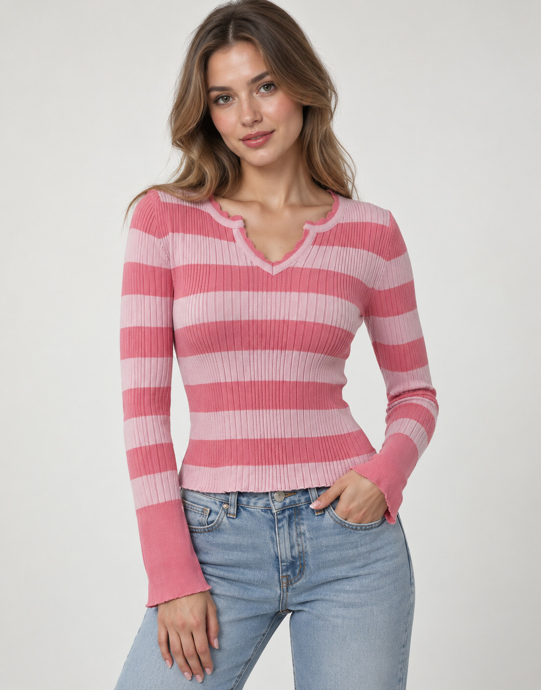 SHEIN RÓŻOWY DOPASOWANY SWETER WZÓR PASKI PK01__S