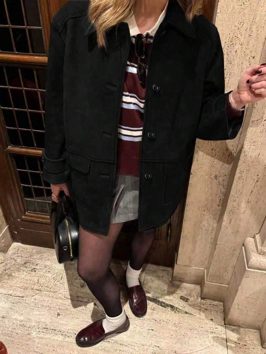SHEIN CZARNY PŁASZCZ GUZIKI W01__L