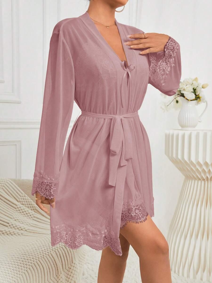 SHEIN RÓŻOWY SZLAFROK KORONKA S06__L
