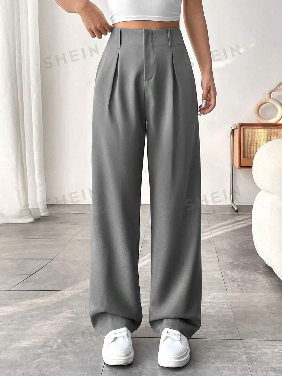 SHEIN SZARE SPODNIE Z WYSOKIM STANEM KIESZENIE S09__S
