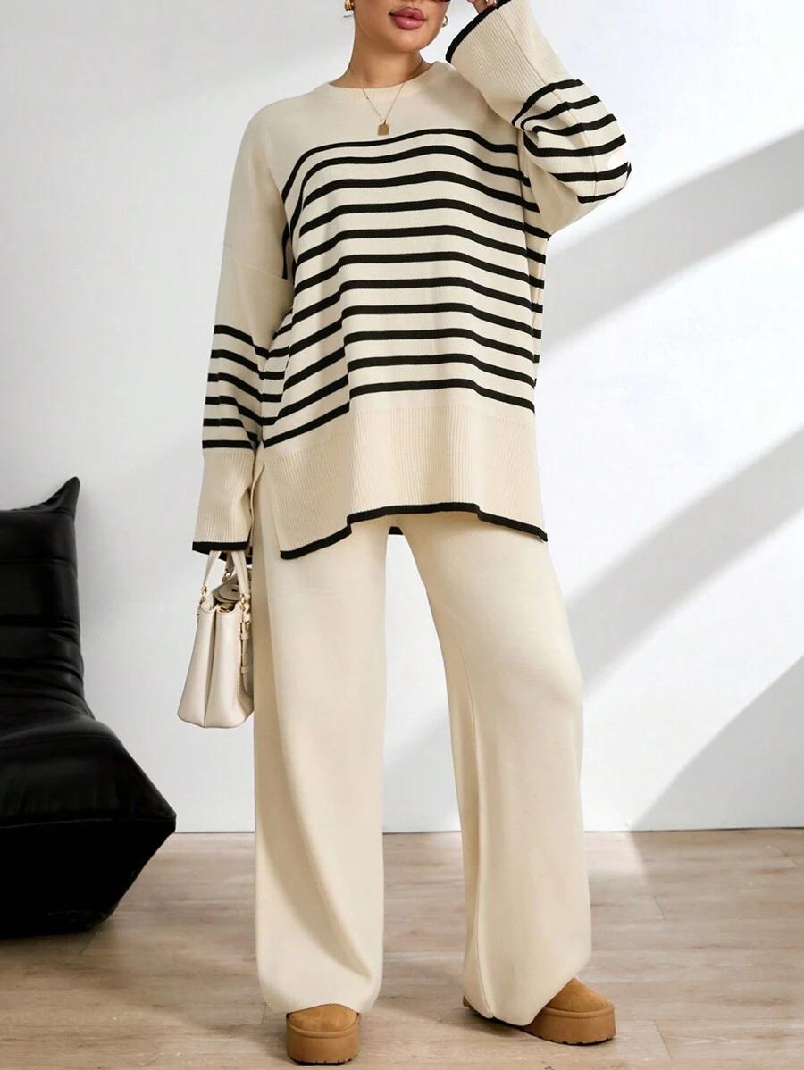 SHEIN BEŻOWY KOMPLET SWETER SPODNIE S06__46