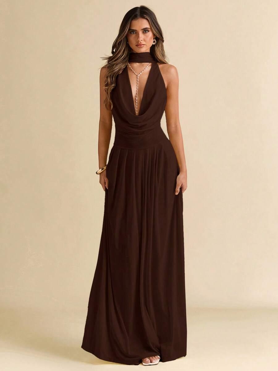 SHEIN BRĄZOWA MAXI SUKIENKA S06__S