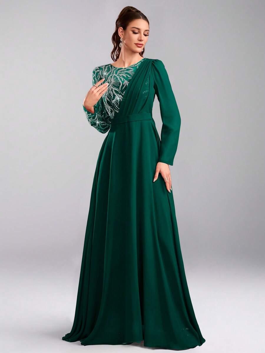 SHEIN ZIELONA MAXI SUKIENKA ZDOBIENIA S06__S
