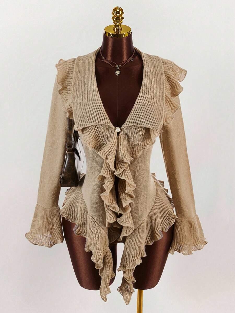 SHEIN BRĄZOWY SWETER FALBANY S06__L