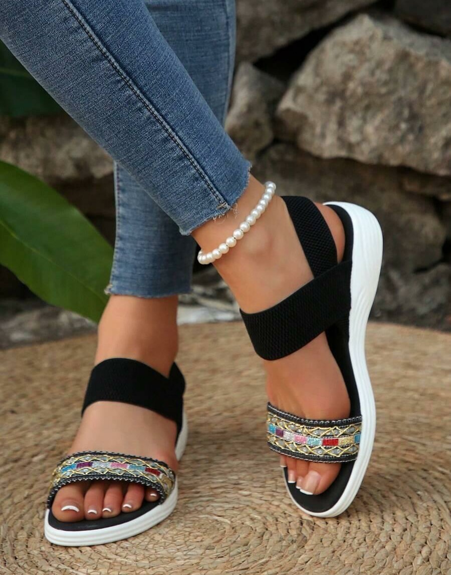 SHEIN CZARNE SANDAŁY POŁYSK ZDOBIENIE CASUAL PK01__37