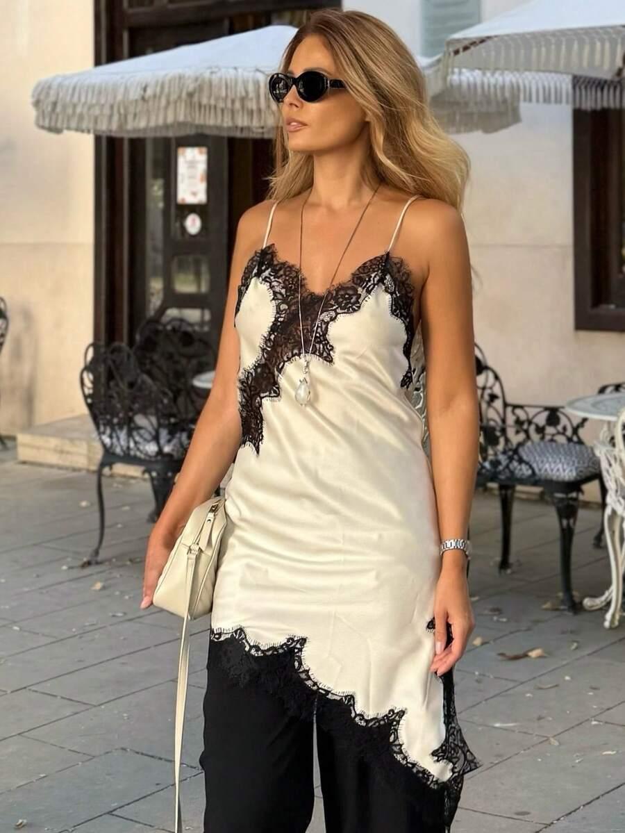 SHEIN SATYNOWY ASYMETRYCZNY TOP NA RAMIĄCZKACH KORONKA PK01__M