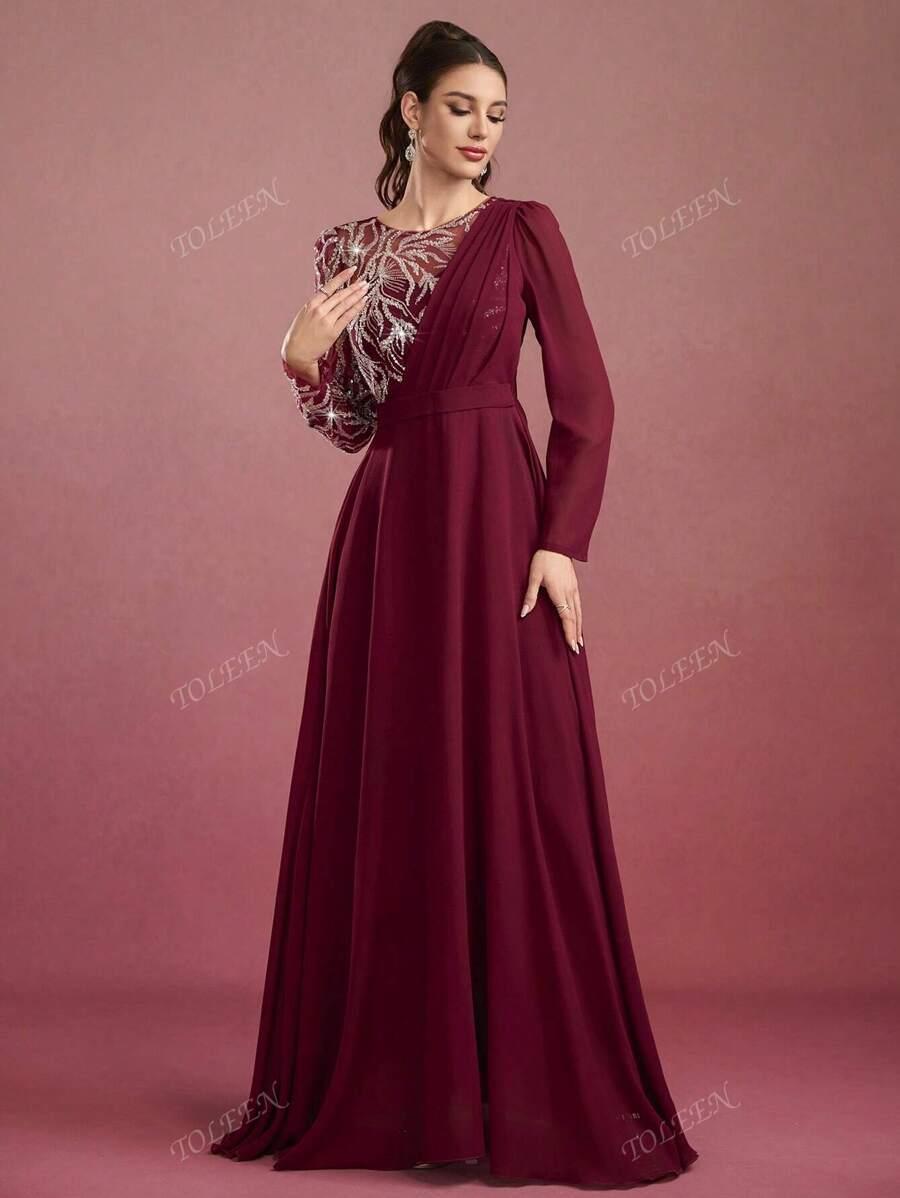 SHEIN BORDOWA MAXI SUKIENKA ZDOBIENIE S06__S