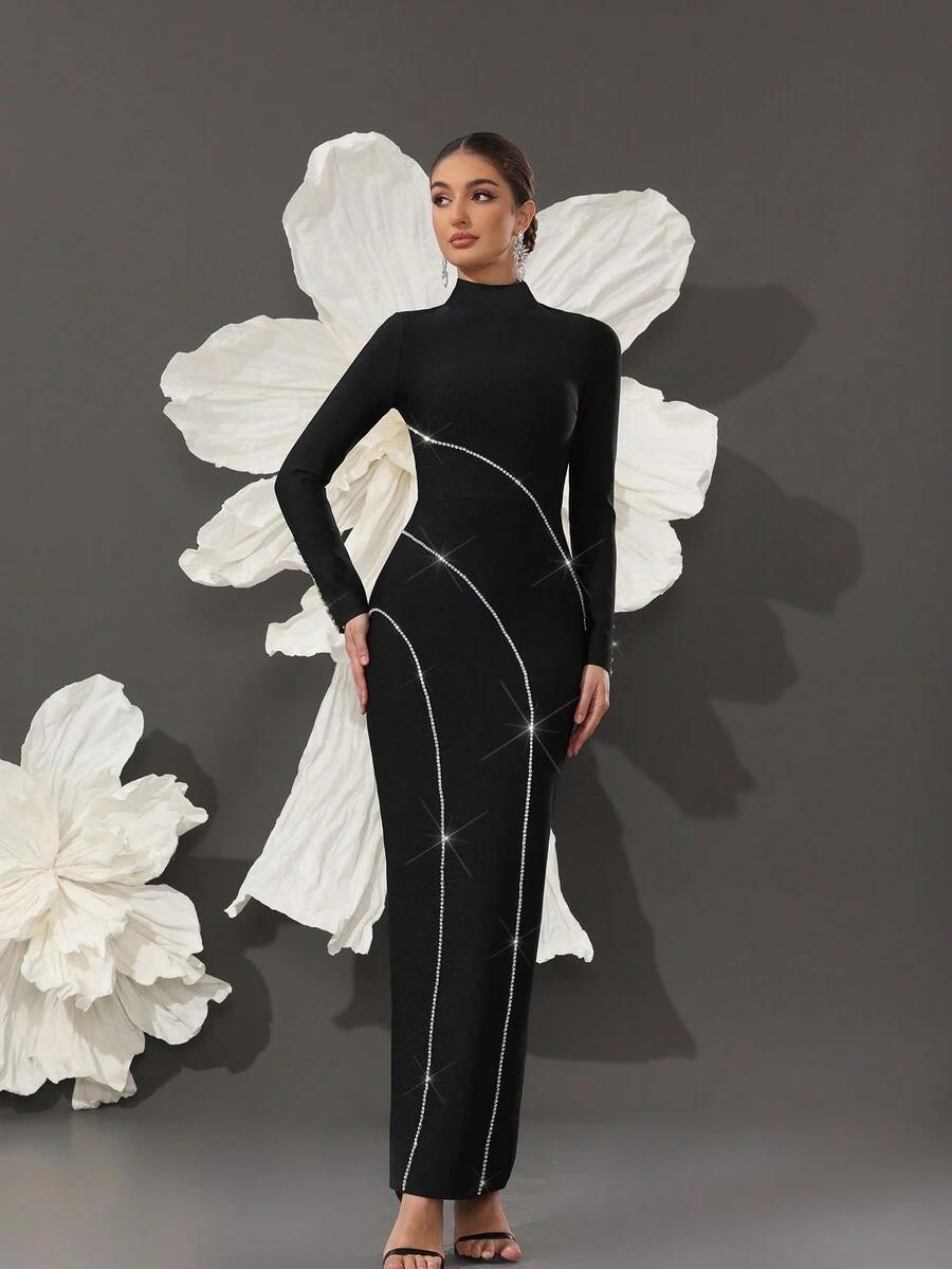 SHEIN CZARNA MAXI SUKIENKA ZDOBIENIA S06__XL