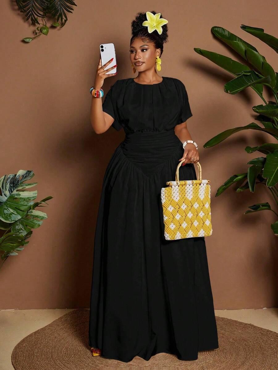 SHEIN ROZKLOSZOWANA CZARNA MAXI SUKIENKA MARSZCZENIA S06__46