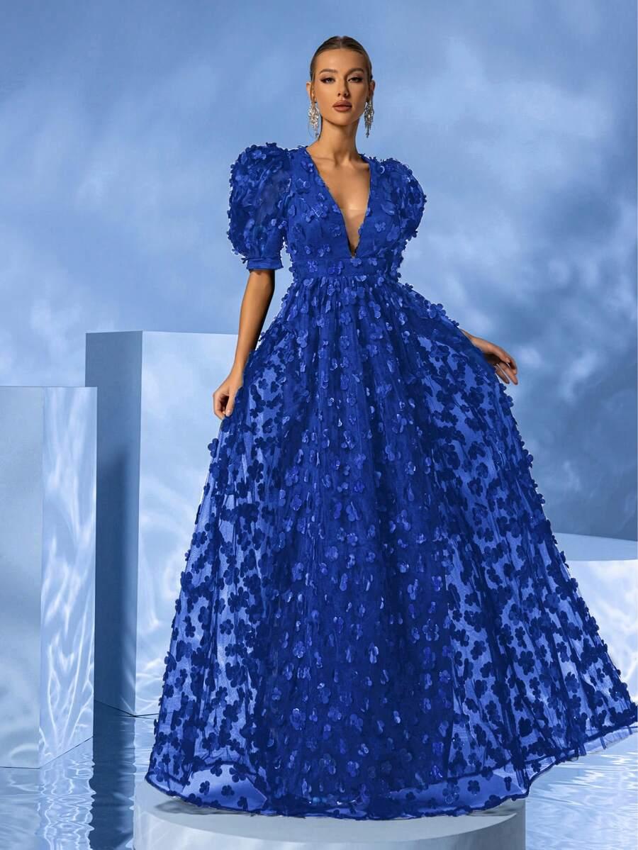 YISIKADO NIEBIESKA SUKIENKA MAXI ZDOBIENIA KWIATY 3D S06__M