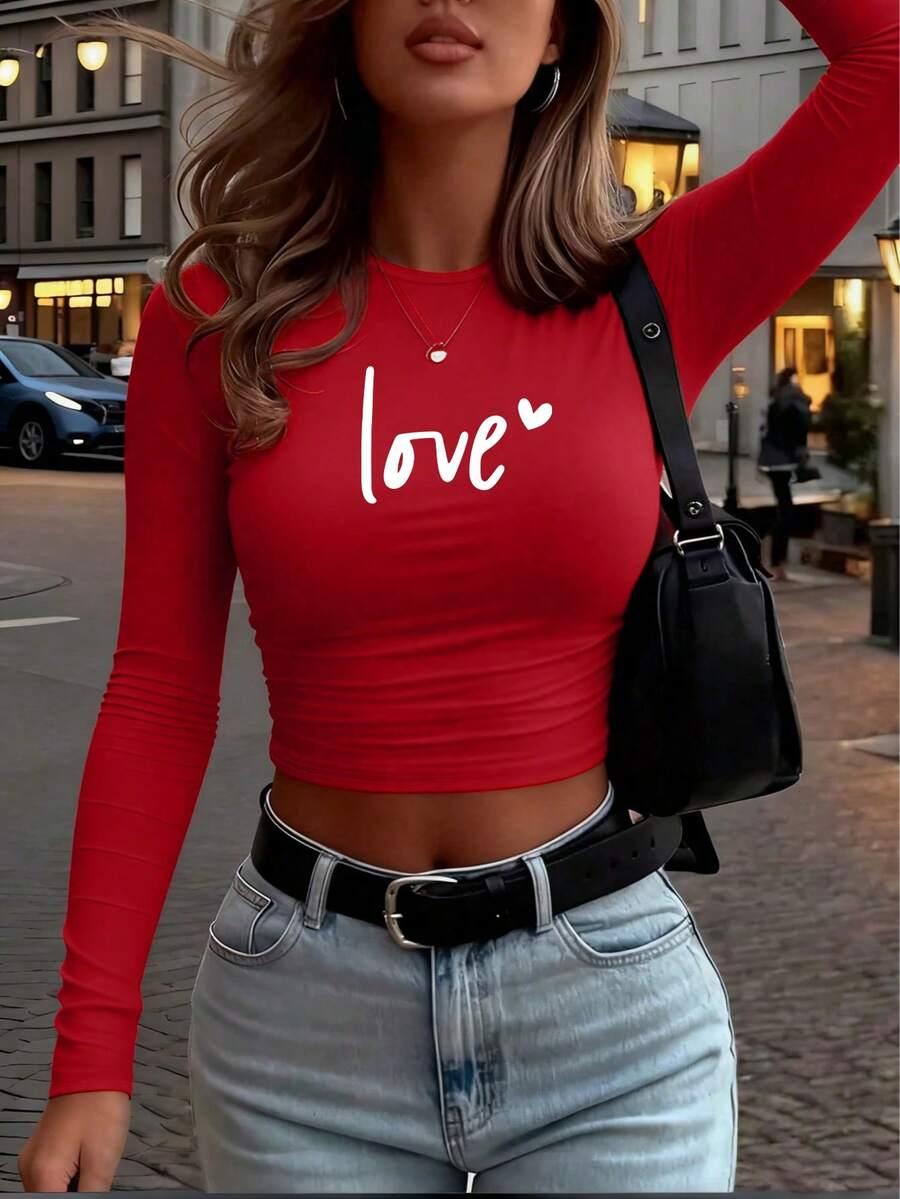 SHEIN CZERWONA BLUZKA Z DŁUGIM RĘKAWEM NADRUK PK01__S
