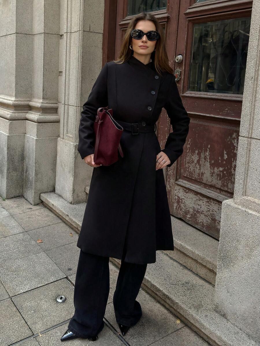 EMERY ROSE KLASYCZNY CZARNY PŁASZCZ WIĄZANIE W01__S