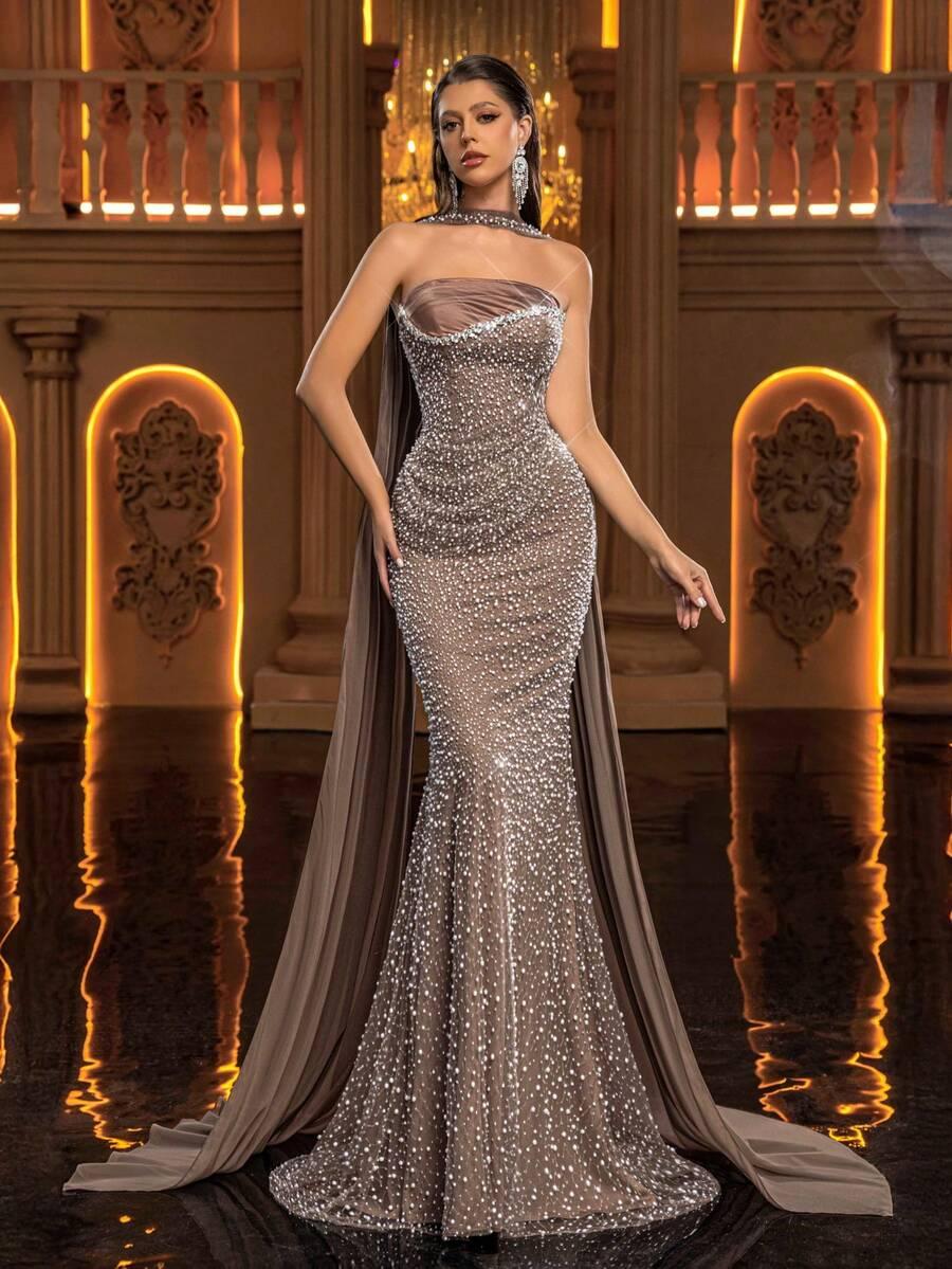 AUREIA BRĄZOWA MAXI SUKIENKA S06__XS