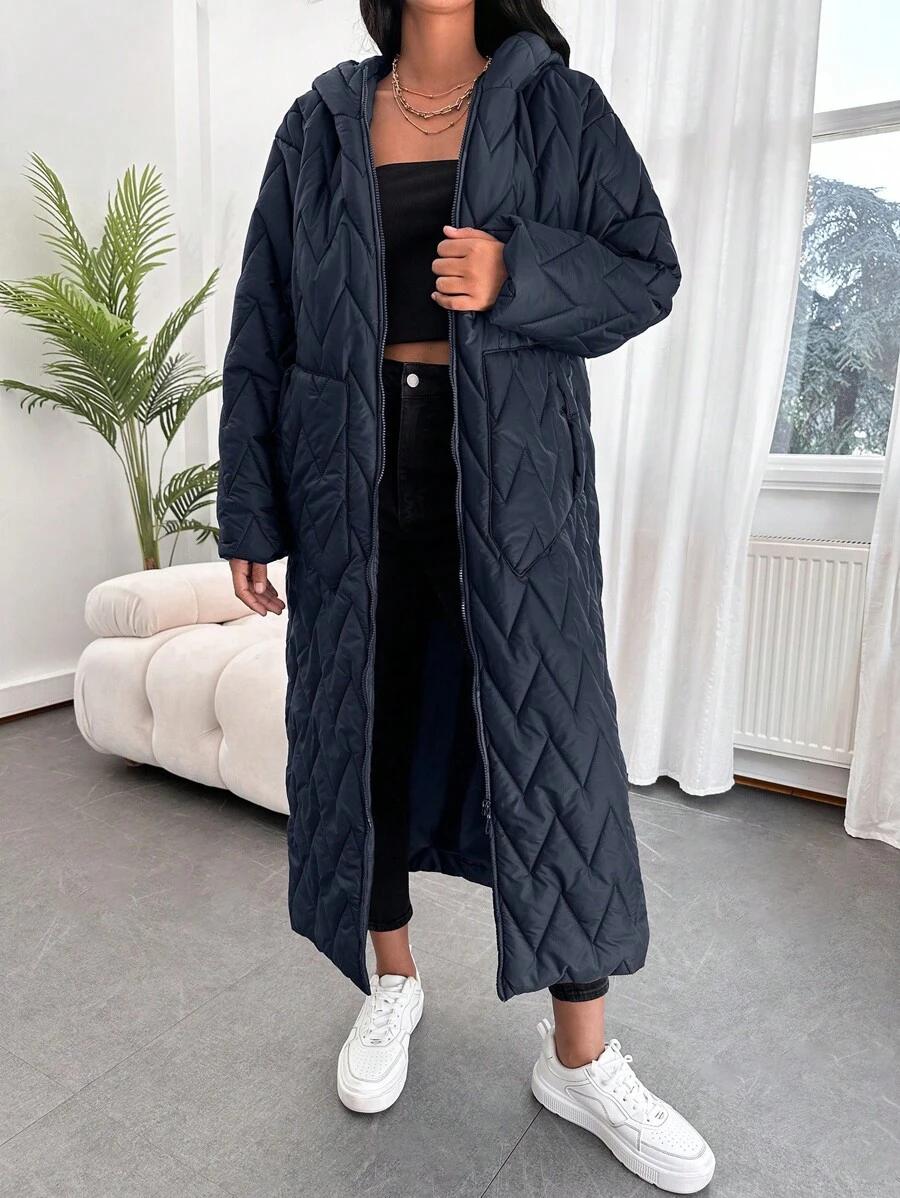 SHEIN GRANATOWA PIKOWANA KURTKA Z KAPTUREM W01__XL