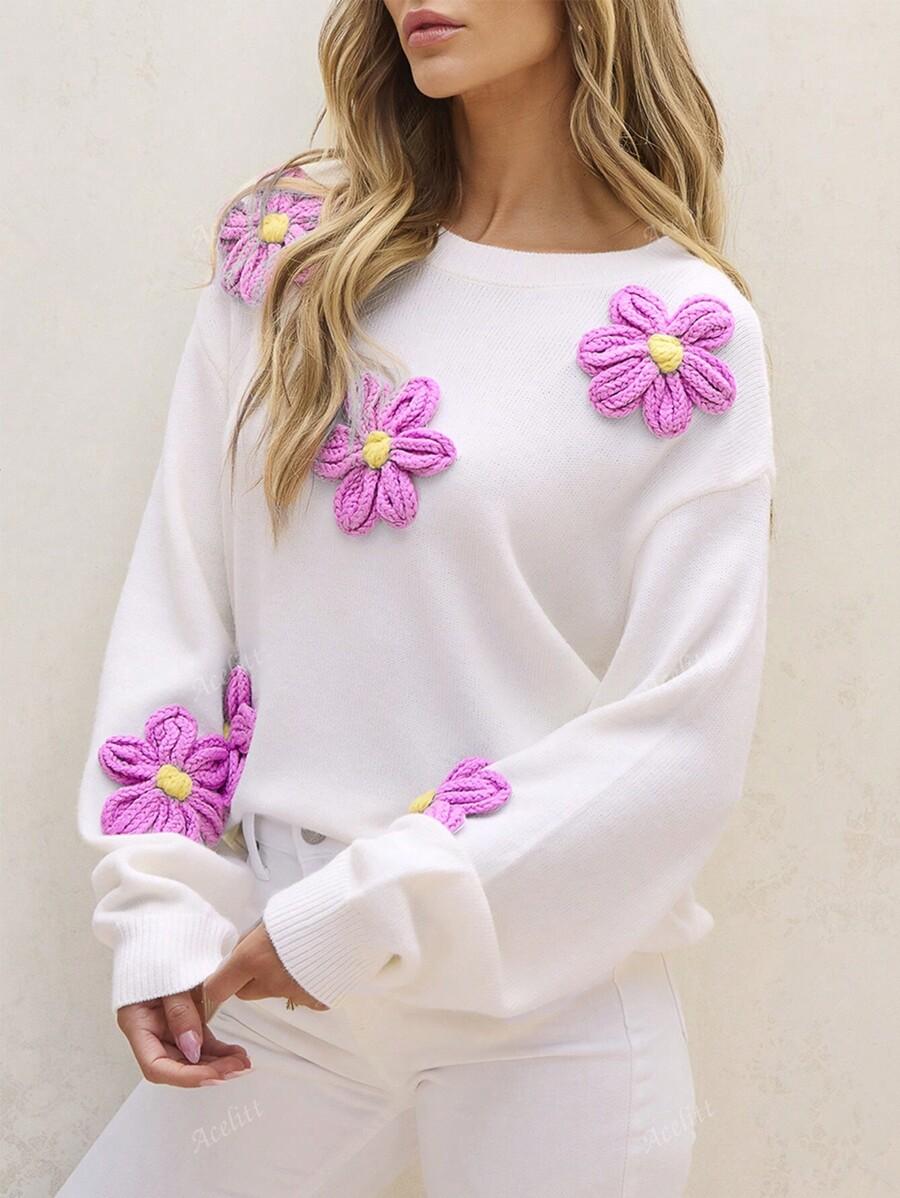 SHEIN KREMOWY SWETER KWIATY S06__XL