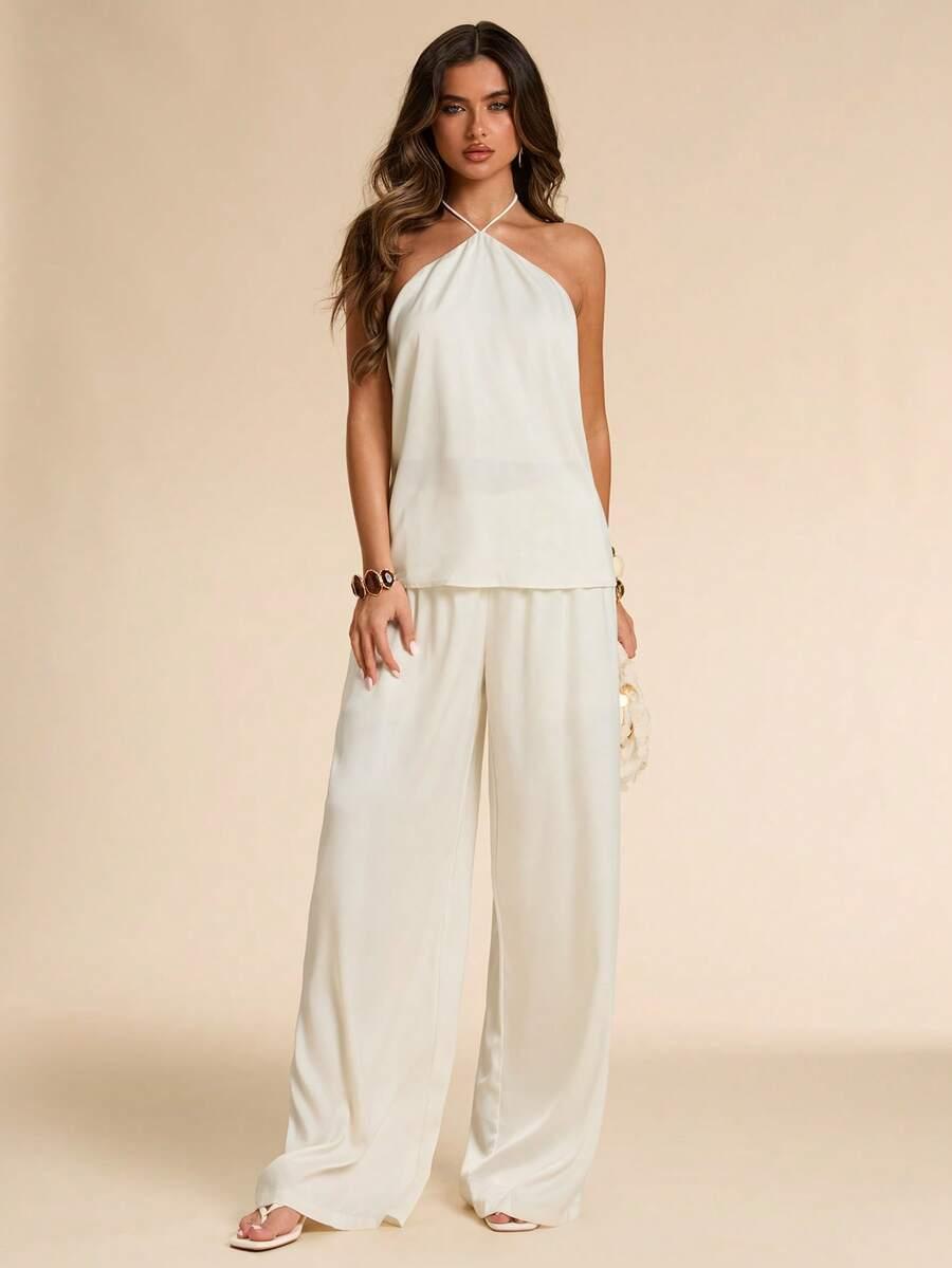 SHEIN KREMOWY SATYNOWY KOMPLET TOP SPODNIE S06__S