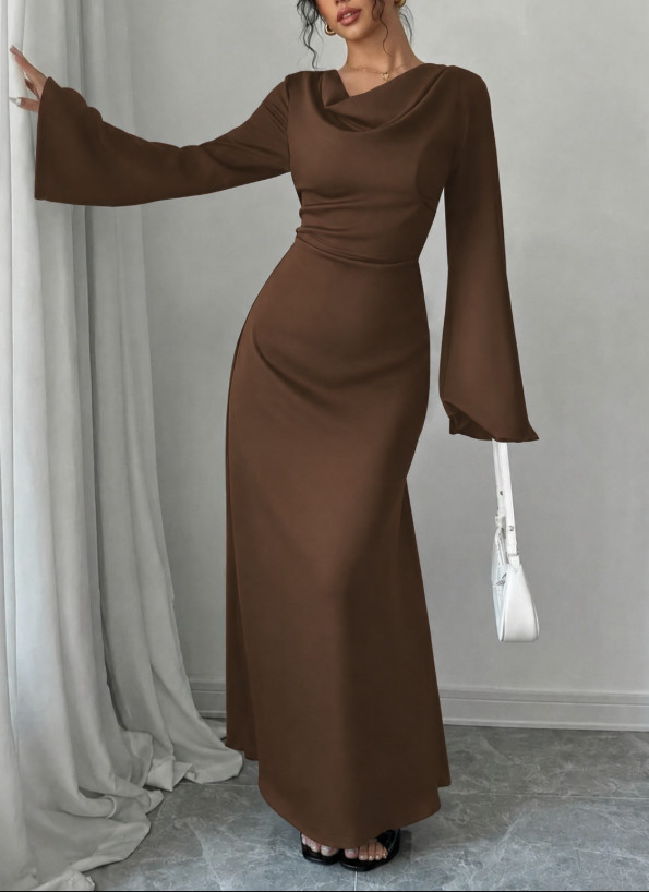 SHEIN SATYNOWA BRĄZOWA MAXI SUKIENKA PK01__S