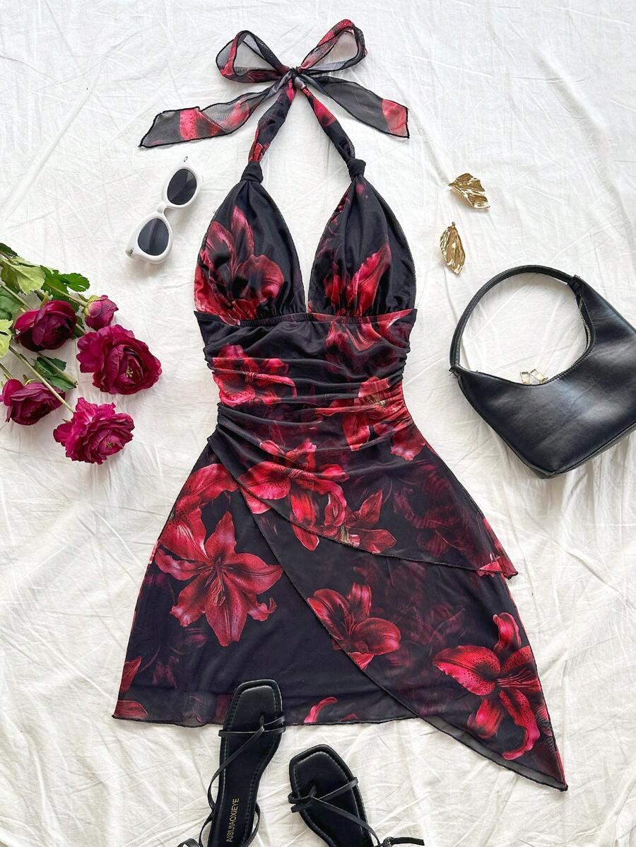 SHEIN SUKIENKA ODKRYTE PLECY PRINT S06__S