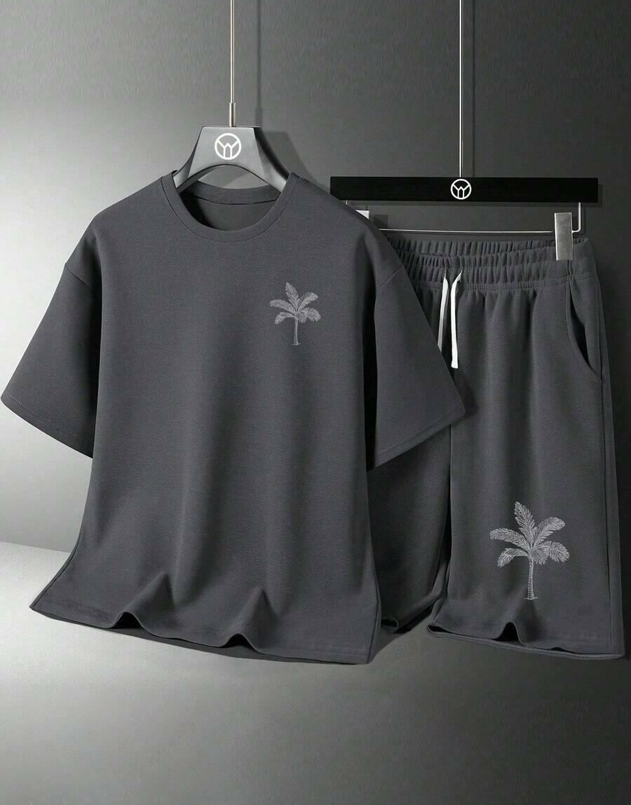 SHEIN SZARY KOMPLET BLUZKA SPODENKI WZÓR PRINT S06__152/158