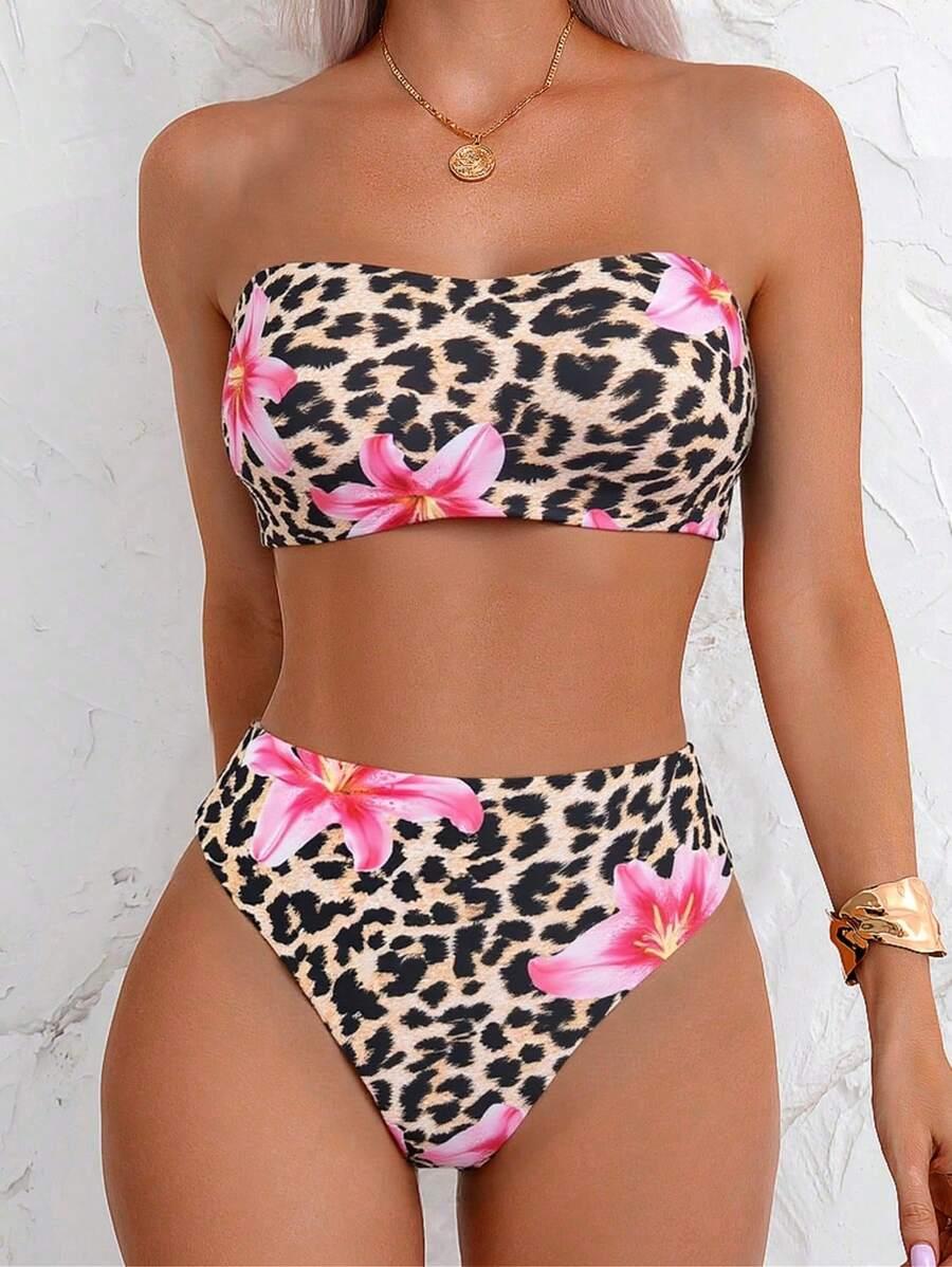 SHEIN DWUCZĘŚCIOWY STRÓJ KĄPIELOWY ANIMAL PRINT KWIATY S09__L