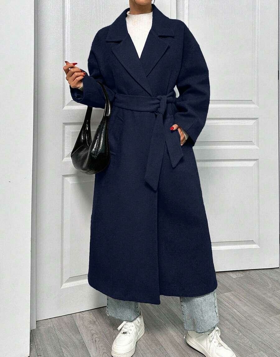 SHEIN DŁUGI KLASYCZNY PŁASZCZ WIĄZANIE W01__S