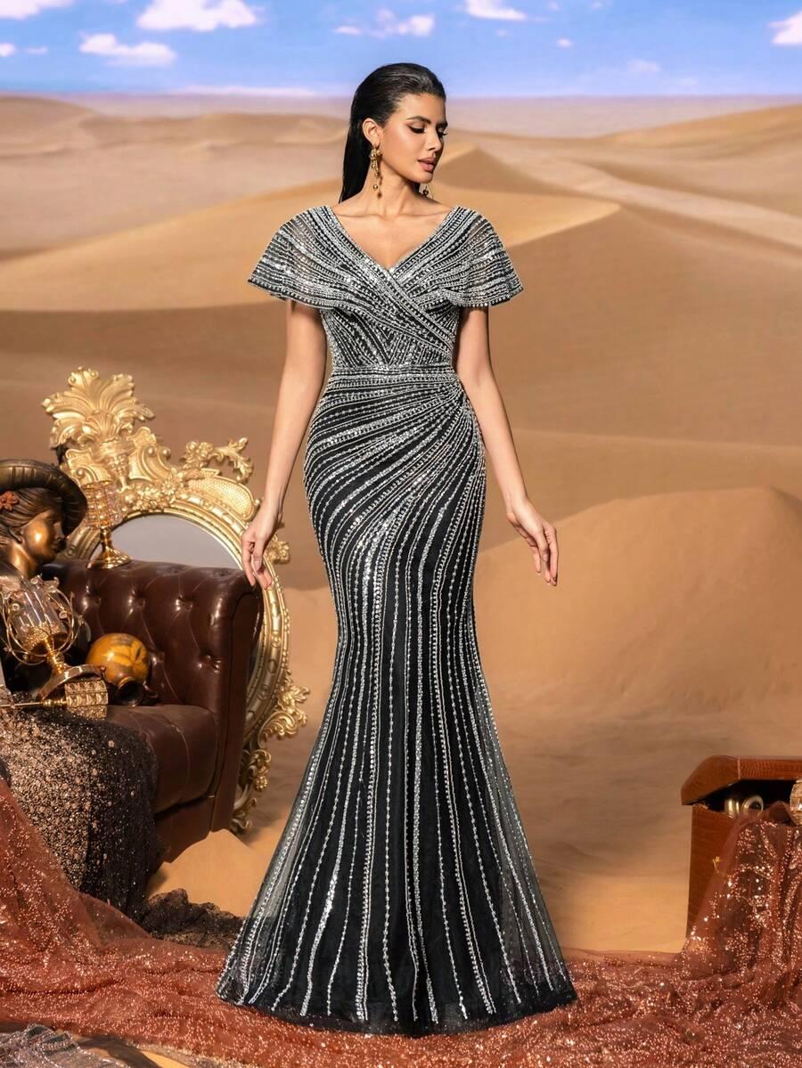FAERIESTY CZARNA MAXI SUKIENKA ZDOBIENIA POŁYSK PK01__46