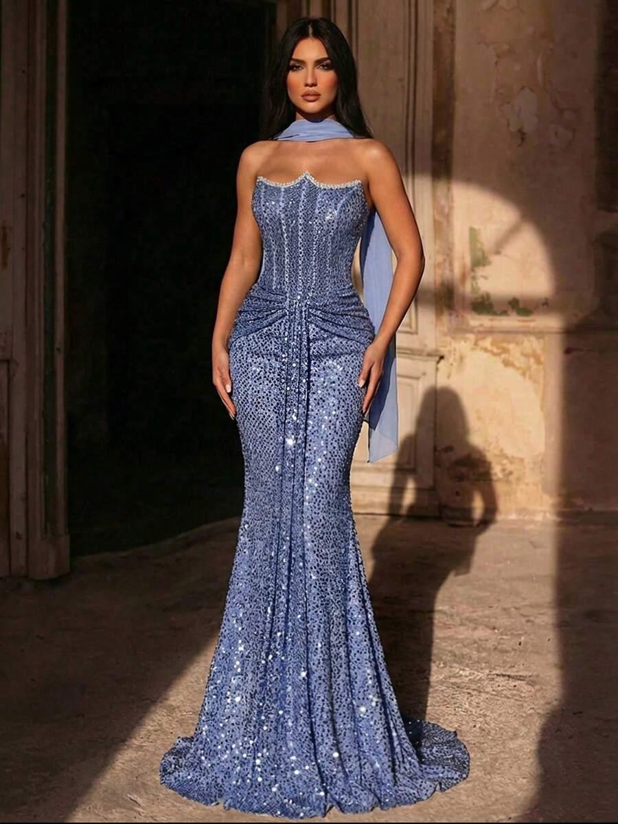 GLAMRAE NIEBIESKA SUKIENKA MAXI CEKINY S06__L