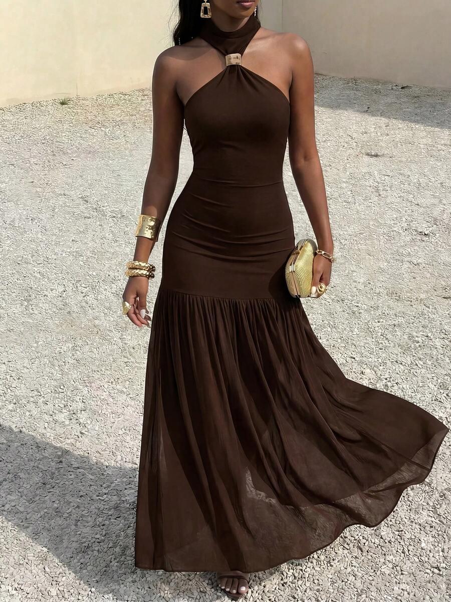 SHEIN BRĄZOWA MAXI SUKIENKA S09__XS