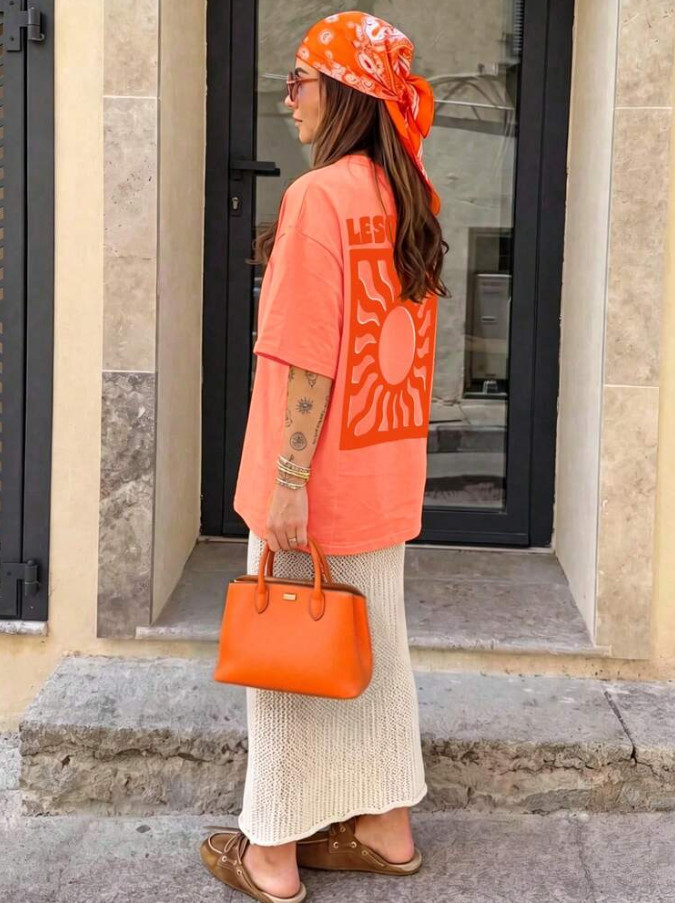 SHEIN POMARAŃCZOWY T-SHIRT NADRUK PK01__XL