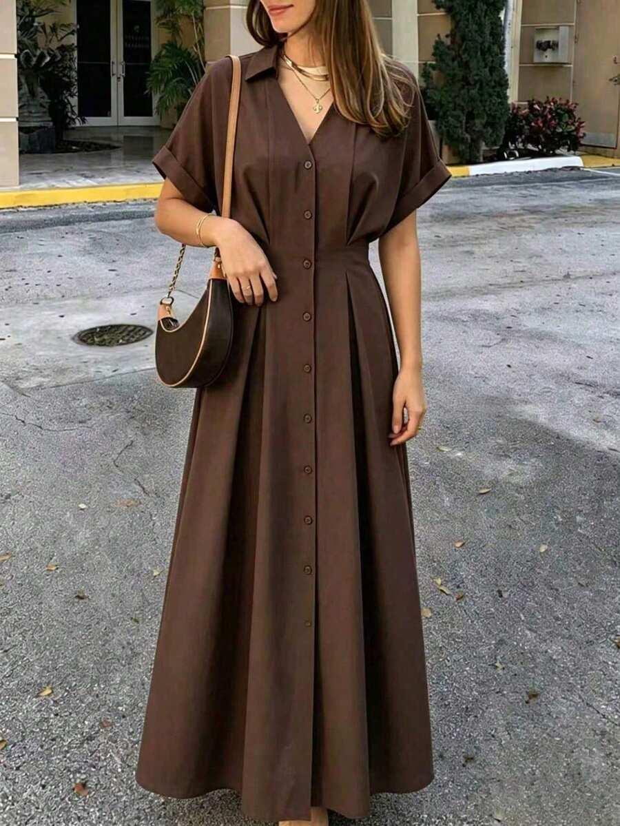 SHEIN BRĄZOWA MAXI SUKIENKA KRÓTKI RĘKAW S06__L