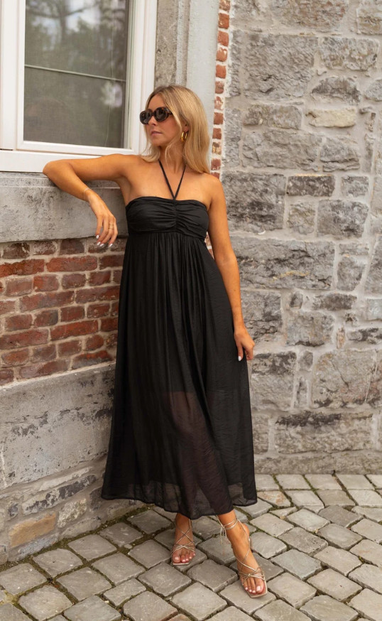 EASY CLOTHES CZARNA SUKIENKA Z WISKOZĄ ODKRYTE RAMIONA WIĄZANIE PK01__S/M
