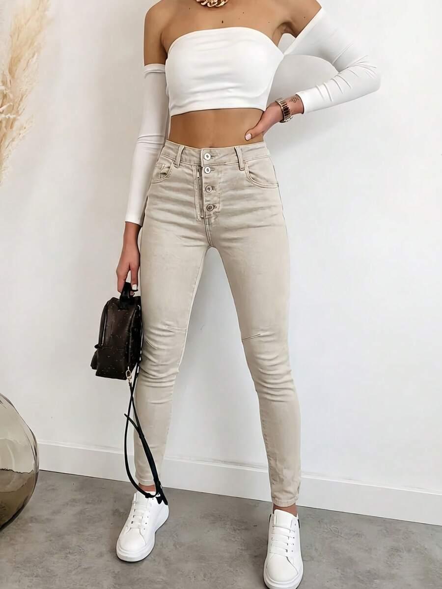 SHEIN BEŻOWE SPODNIE JEANS S06__S
