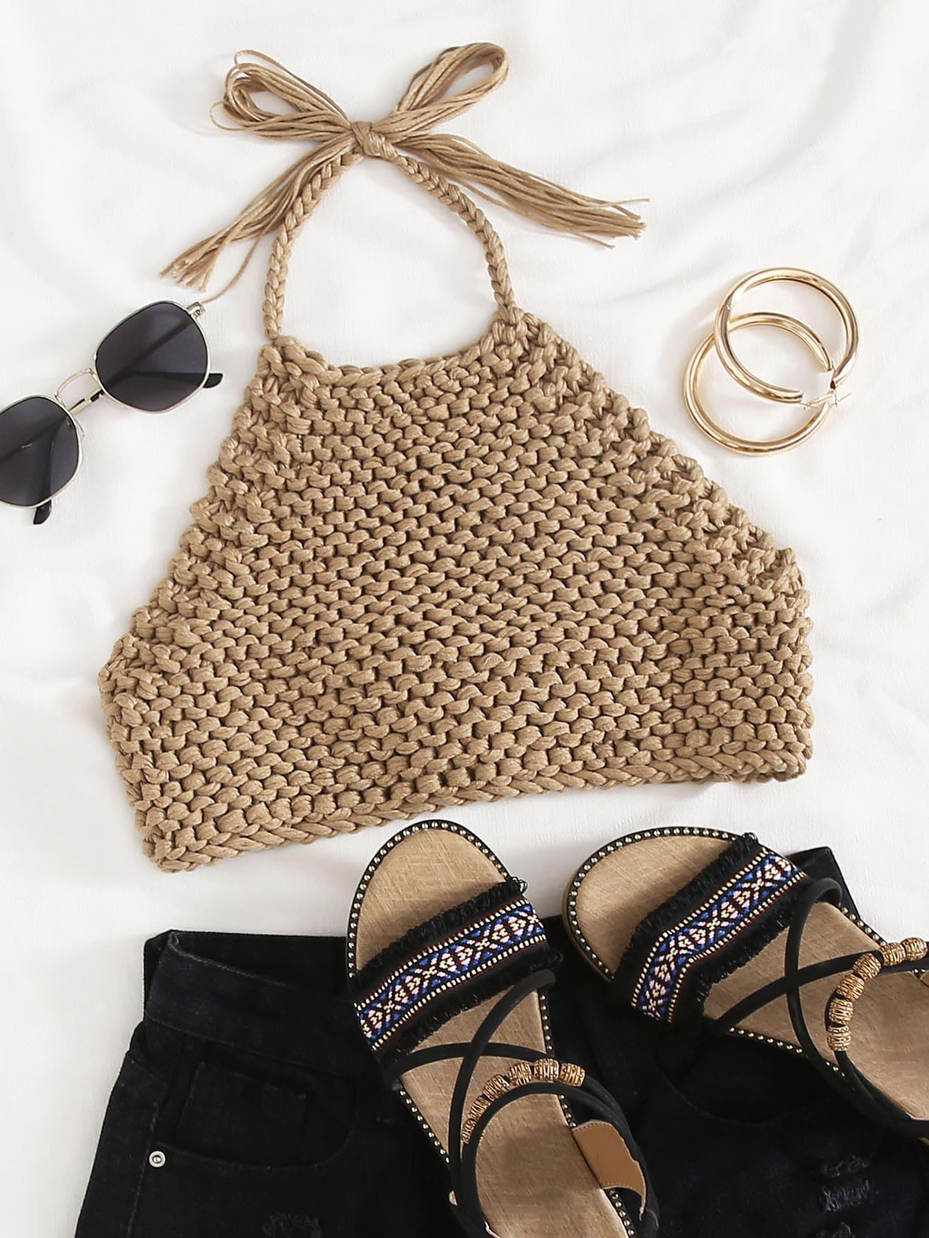 SHEIN BRĄZOWY TOP WIĄZANIE S06__M