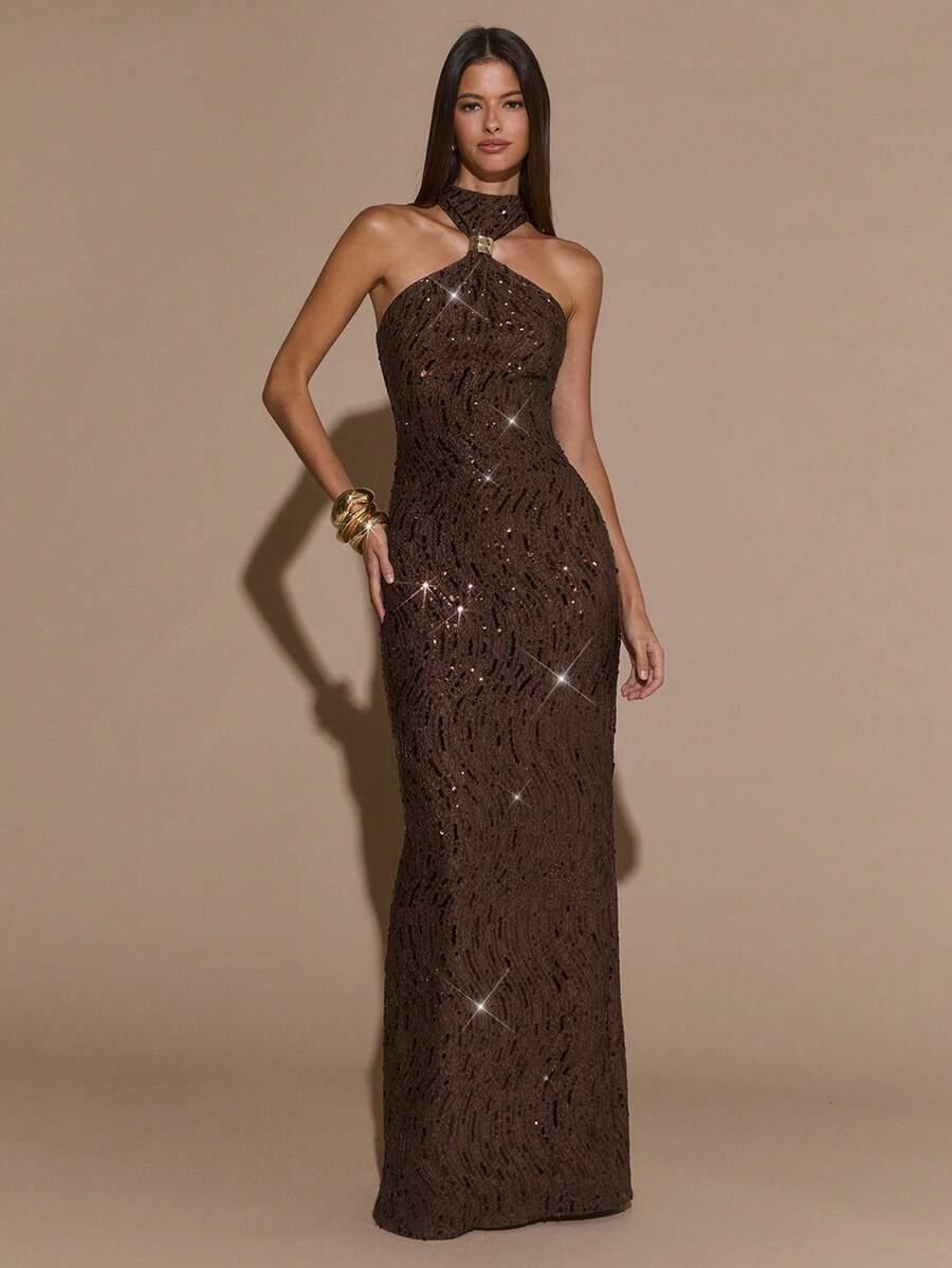 SHEIN BRĄZOWA MAXI SUKIENKA CEKINY S06__S