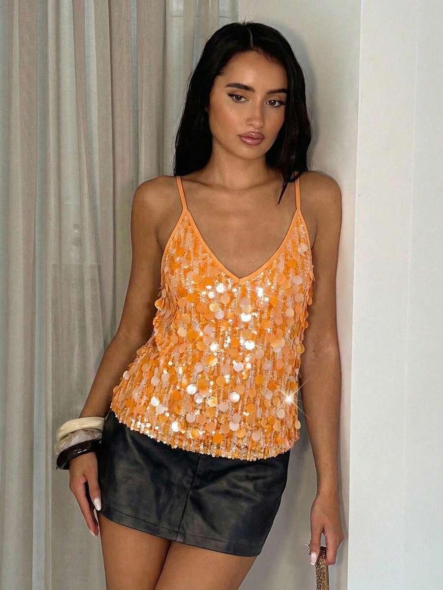SHEIN POMARAŃCZOWY TOP ZDOBIENIA S06__L
