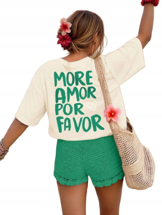 SHEIN BEŻOWY T-SHIRT NADRUK PK01__XL