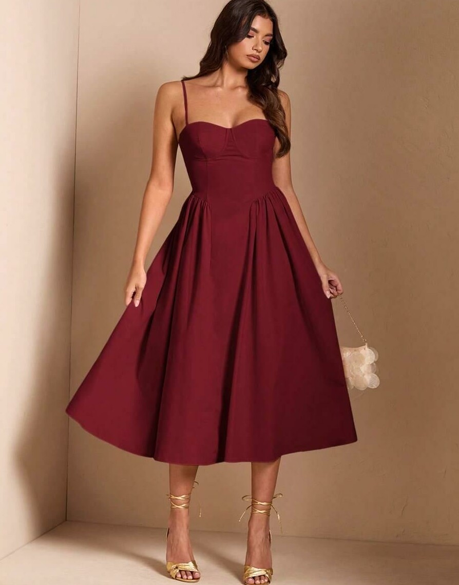 SHEIN BORDOWA ROZKLOSZOWANA MIDI SUKIENKA NA RAMIĄCZKACH PK01__XXL