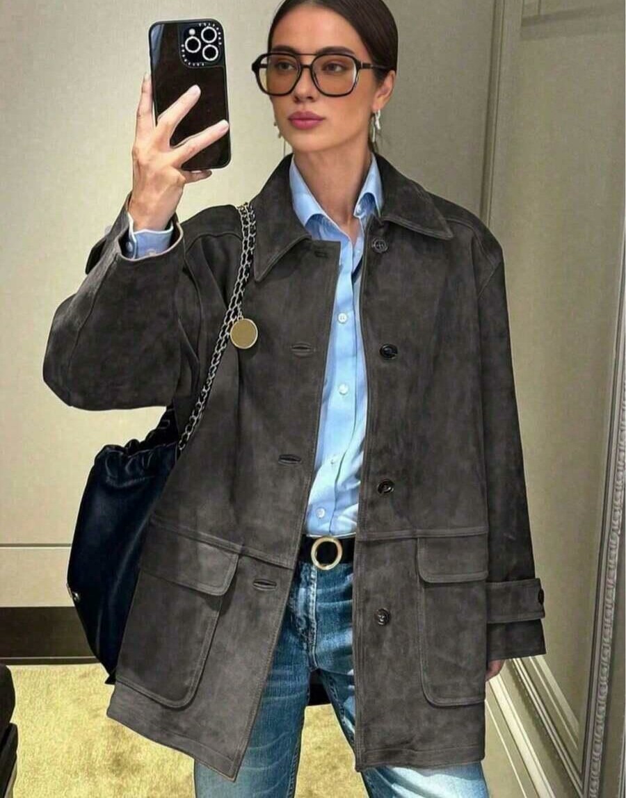 SHEIN SZARY PŁASZCZ IMITACJA ZAMSZU PK01__S