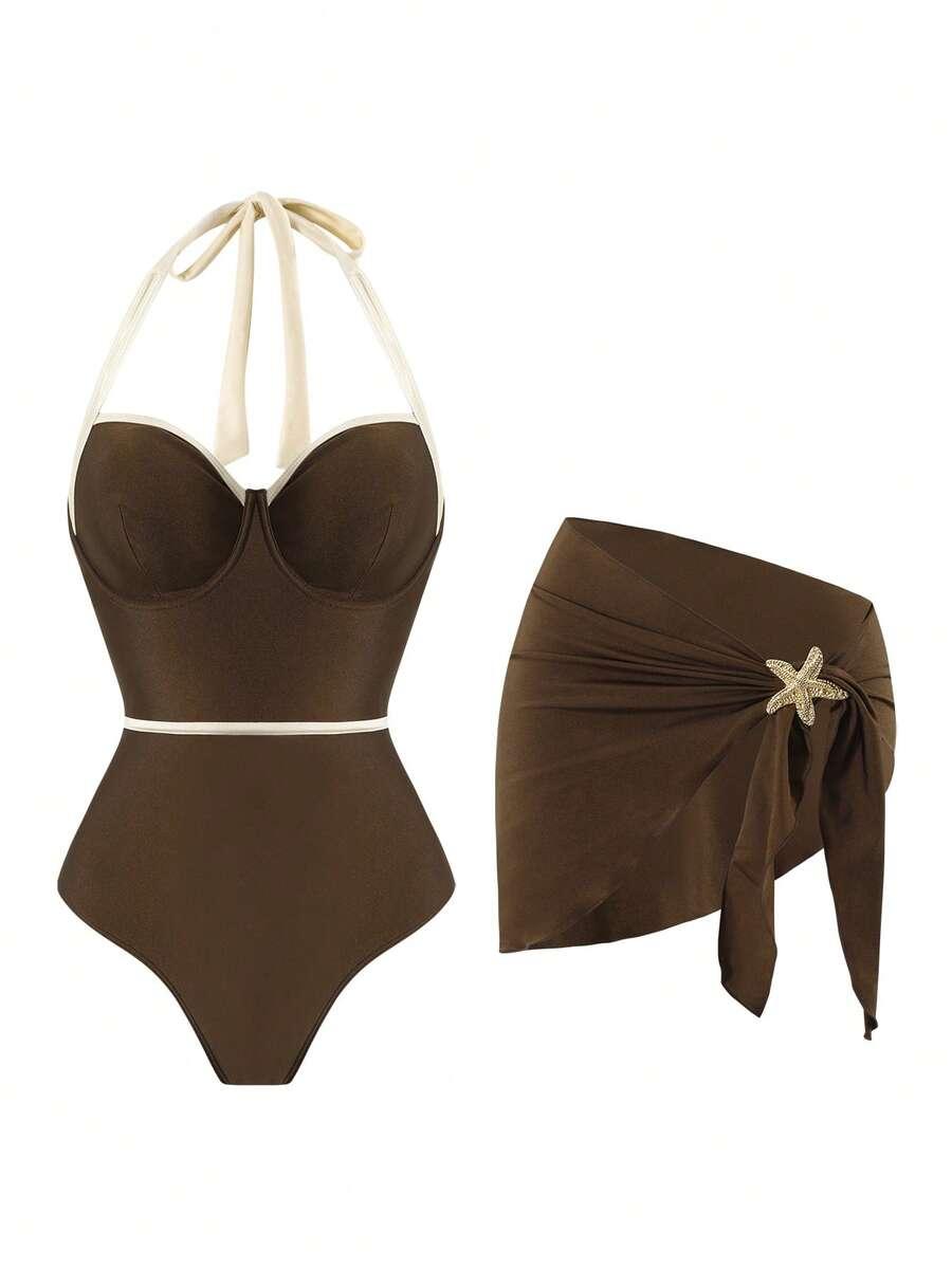 SWIM OASIS BRĄZOWY JEDNOCZĘŚCIOWY STRÓJ KĄPIELOWY SPÓDNICA S09__M