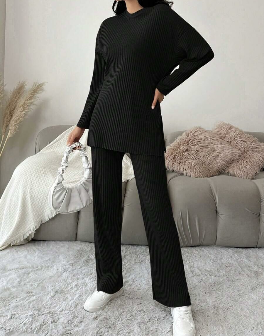SHEIN BAWEŁNIANY CZARNY KOMPLET PRĄŻKI BLUZKA ROZCIĘCIA SPODNIE PK01__L