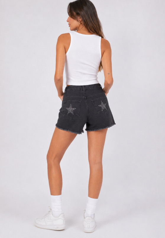 SHEIN CZARNE KRÓTKIE SPODENKI JEANS ZDOBIENIA POŁYSK PK01__S