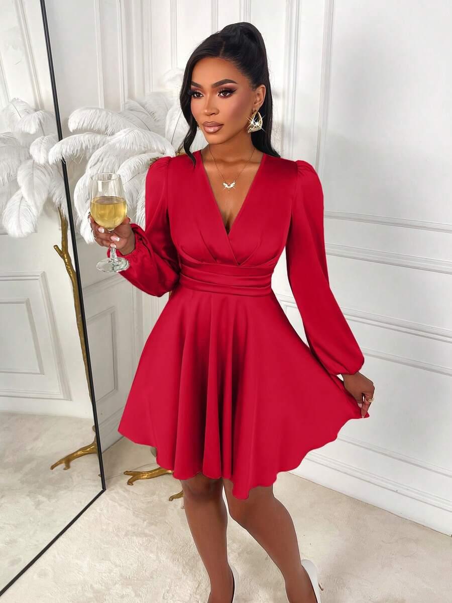 SHEIN CZERWONA MINI SUKIENKA DŁUGI RĘKAW S06__S