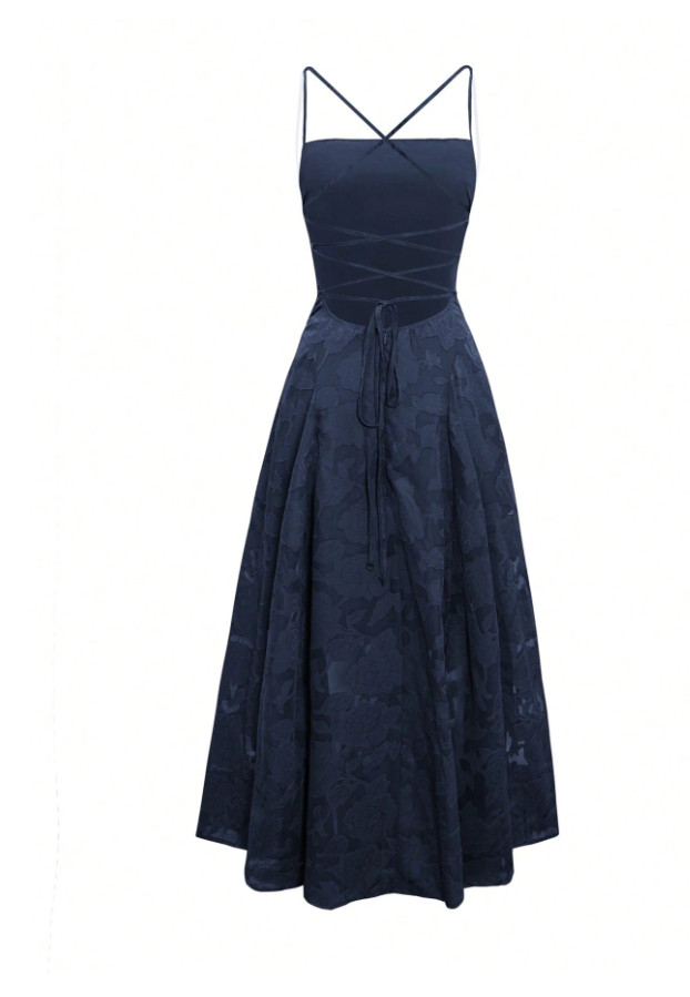 SHEIN GRANATOWA MAXI SUKIENKA KWIATY TEKSTURA WIĄZANIE S06__XL