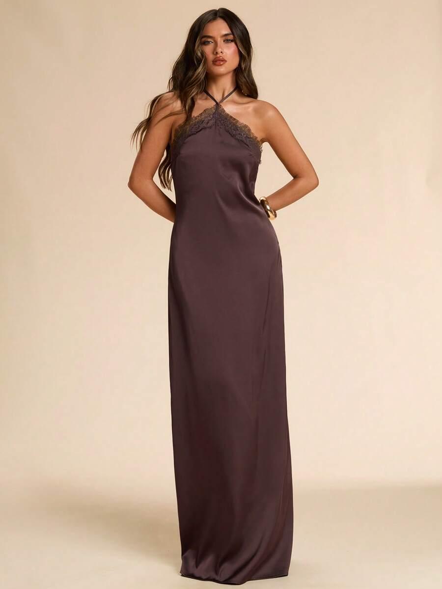 SHEIN BRĄZOWA MAXI SUKIENKA S06__L