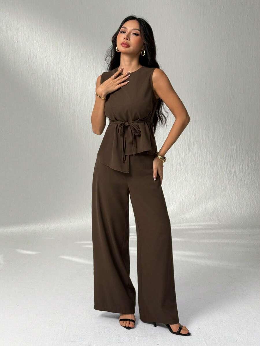 SHEIN BRĄZOWY KOMPLET TOP SPODNIE S06__XS