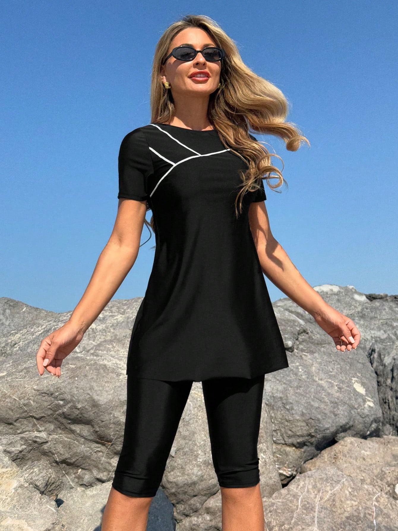 SHEIN CZARNY KOSTIUM KĄPIELOWY BLUZKA SPODNIE S06__XXL